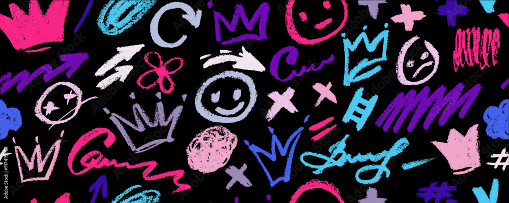 Fototapeta premium Vector seamless pattern with colorful harcoal graffiti doodle punk and girly shapes. Hand drawn abstract scribbles and squiggles, creative various shapes, pencil drawn icons.
