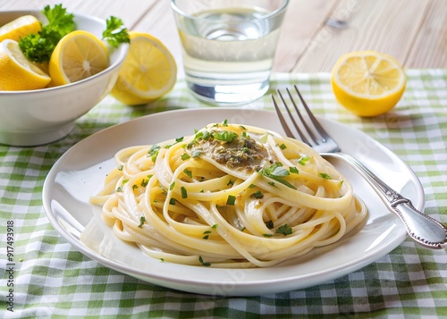 A zesty plate of linguine tossed with a light lemon garlic sauce, garnished with lemon zest 