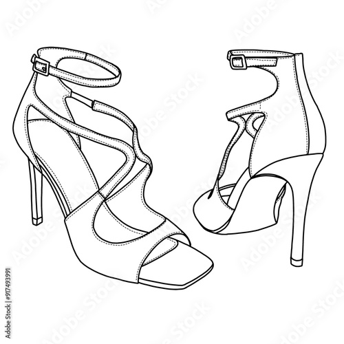 Women's Strappy Pointy Open Toe Ankle Strap Stiletto Heel Sandals Line art, Technical sketch hand drawing outline vector doodle illustration side and rear view isolated on white background