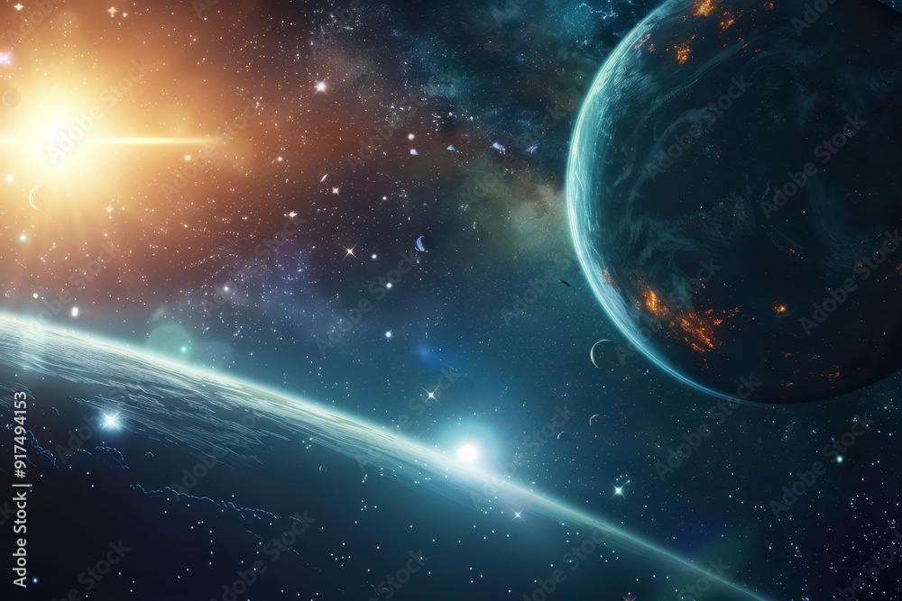 Breathtaking view of a distant exoplanet with a binary star system and a crescent moon in the foreground. Breathtaking view of a distant exoplanet with a binary star system and a crescent moon in the foreground.