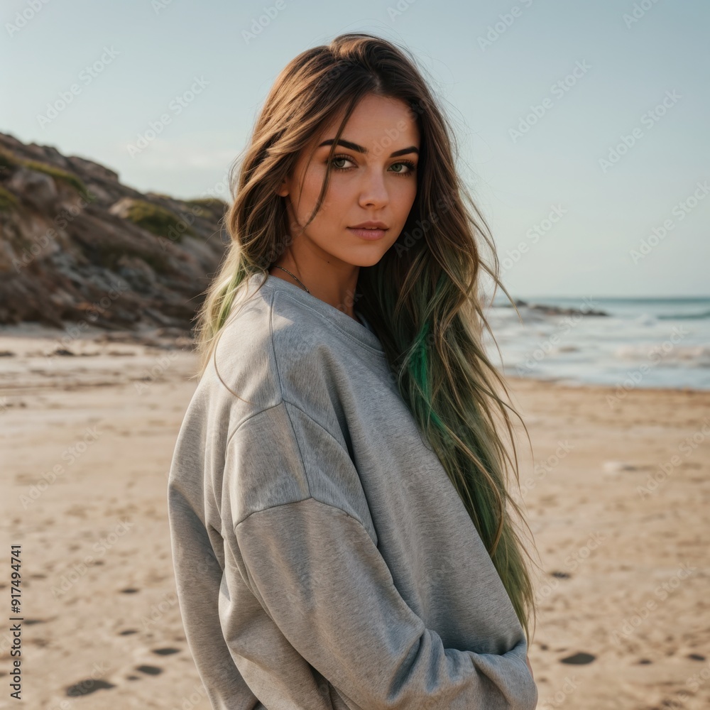 Woman in sweatshirt on sandy beach with wind gently tousling her hair Woman in sweatshirt on sandy beach with wind gently tousling her hair