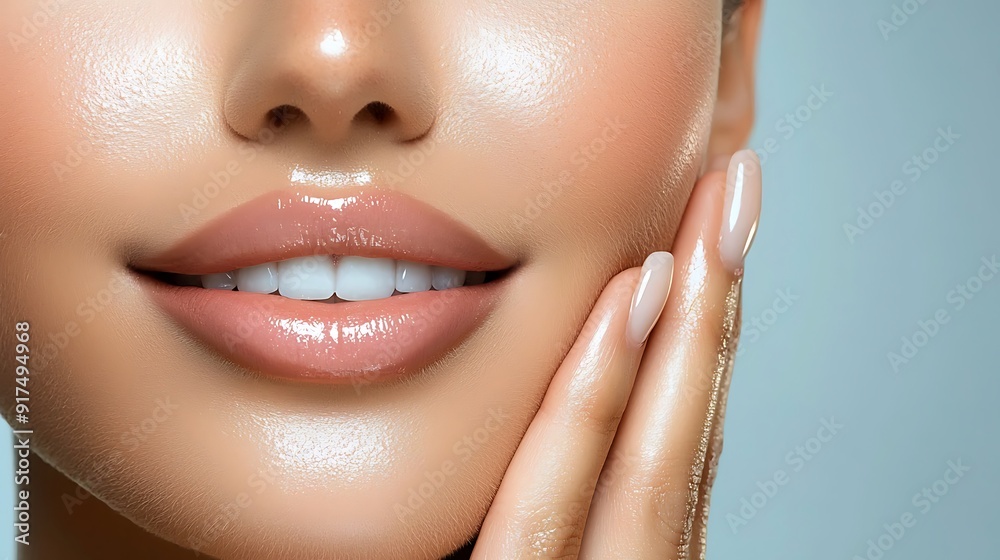 Fototapeta premium Close-up portrait of a smiling woman with fresh, clean skin and natural makeup, showcasing flawless beauty and radiant health