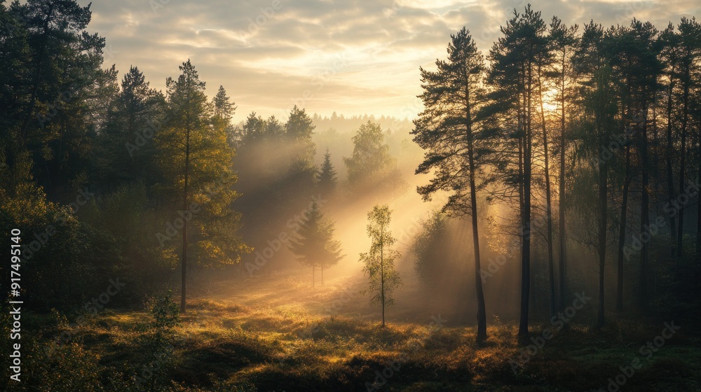 The sun is setting over a forest, casting a warm glow on the trees The sun is setting over a forest, casting a warm glow on the trees