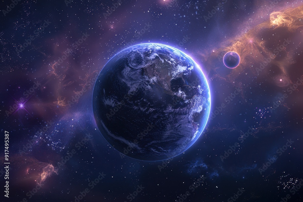 Obraz premium Earth's beauty in the vastness of space with a glowing moon and colorful nebulae