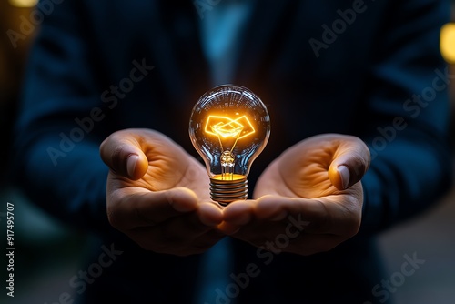 Close-up of hands holding a glowing light bulb, symbolizing innovation, creativity, and new ideas in a dark background setting.