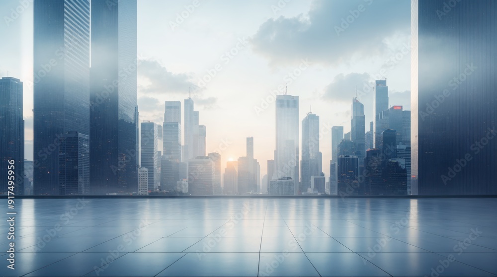 A glitter cityscape under a foggy sky at daybreak A glitter cityscape under a foggy sky at daybreak