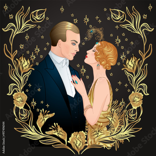 Art Deco vintage invitation template design with illustration of flapper girl. patterns and frames. Retro party background set 1920s style. Vector for glamour event, cabaret show, thematic wedding or
