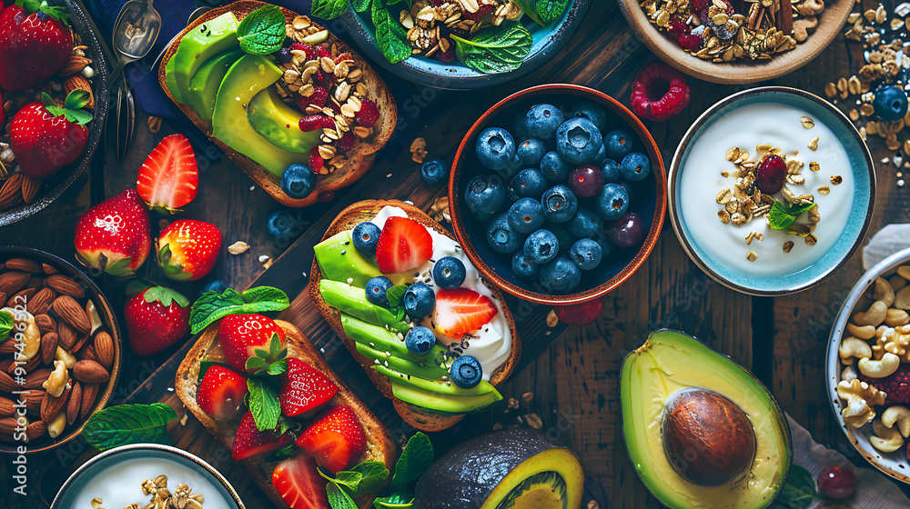 healthy food table top view featuring avocado toast, fresh fruits like strawberries and blueberries, bowls of yogurt with granola and nuts, directly above view, all arranged on a rustic wooden table.