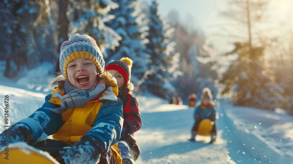 A group of children are riding on sleds in the snow A group of children are riding on sleds in the snow