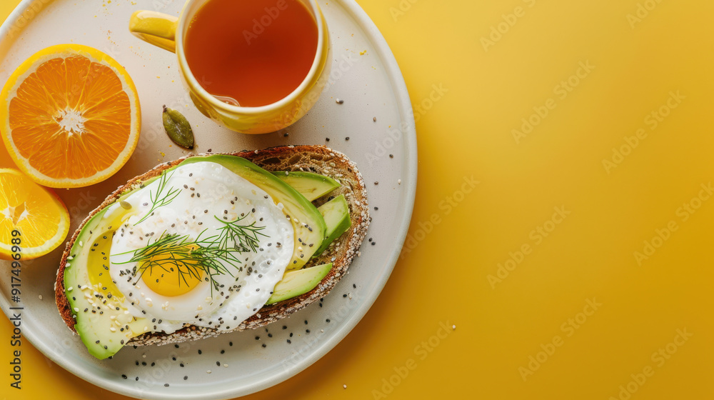 A top-down view of a breakfast platter, showcasing avocado toast with poached egg, fresh orange slices, and a cup of herbal tea on a bright yellow background A top-down view of a breakfast platter, showcasing avocado toast with poached egg, fresh orange slices, and a cup of herbal tea on a bright yellow background