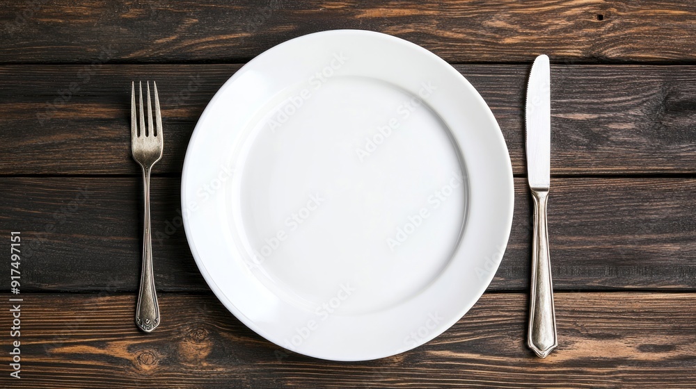 A white plate with a fork and knife on a wooden table A white plate with a fork and knife on a wooden table