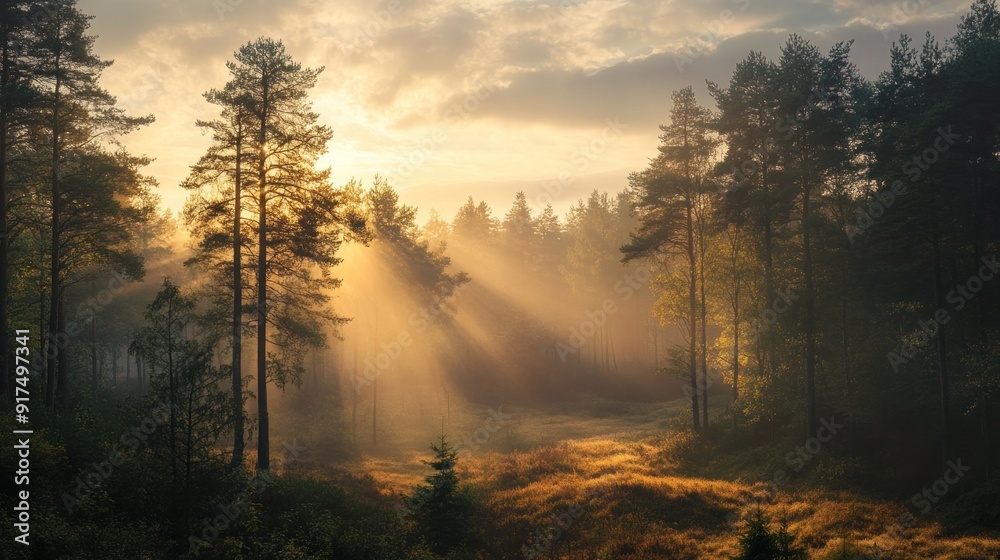 Fototapeta premium The sun is setting over a forest, casting a warm glow on the trees