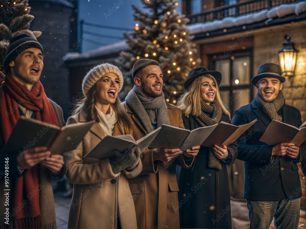 Men and women singing Christmas carols outside in winter Men and women singing Christmas carols outside in winter