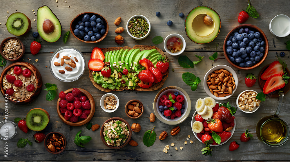 healthy food table top view featuring avocado toast, fresh fruits like strawberries and blueberries, bowls of yogurt with granola and nuts, directly above view, all arranged on a rustic wooden table. healthy food table top view featuring avocado toast, fresh fruits like strawberries and blueberries, bowls of yogurt with granola and nuts, directly above view, all arranged on a rustic wooden table.