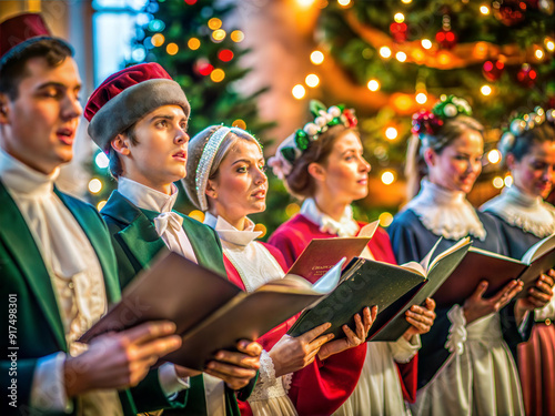 Men and women singing Christmas carols in winter