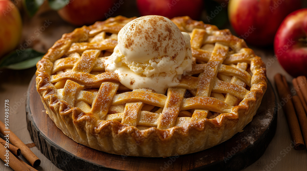 A golden-brown apple pie with a perfectly woven lattice crust, dusted with cinnamon sugar A golden-brown apple pie with a perfectly woven lattice crust, dusted with cinnamon sugar