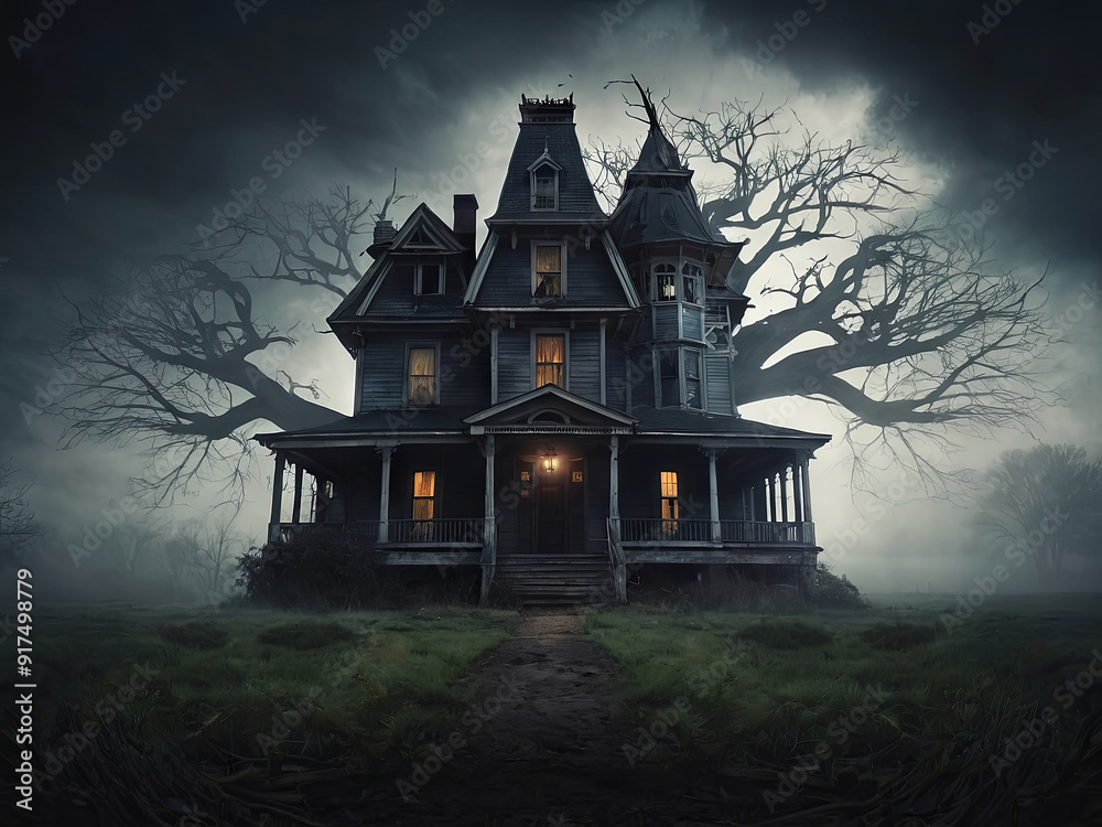 Obraz premium a haunted house with a tree in the middle