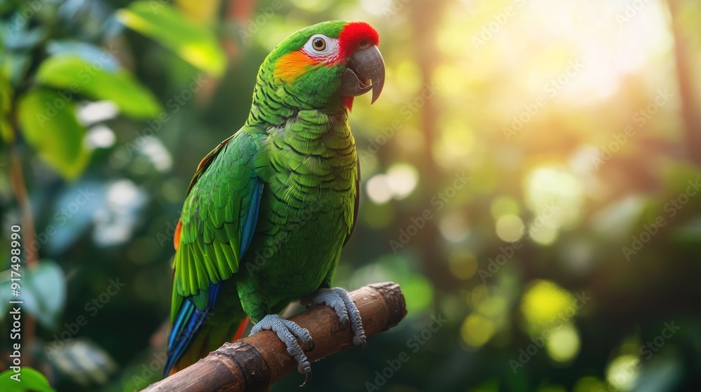 Naklejka premium A Green Parrot Perched on a Branch with a Sunlit Background