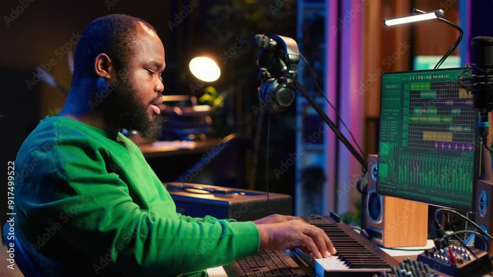Talented artist composing new lyrics for his tracks and recording music with audio devices in his home studio. Singer composer writes melodic material by taking notes and creating rhymes or songs