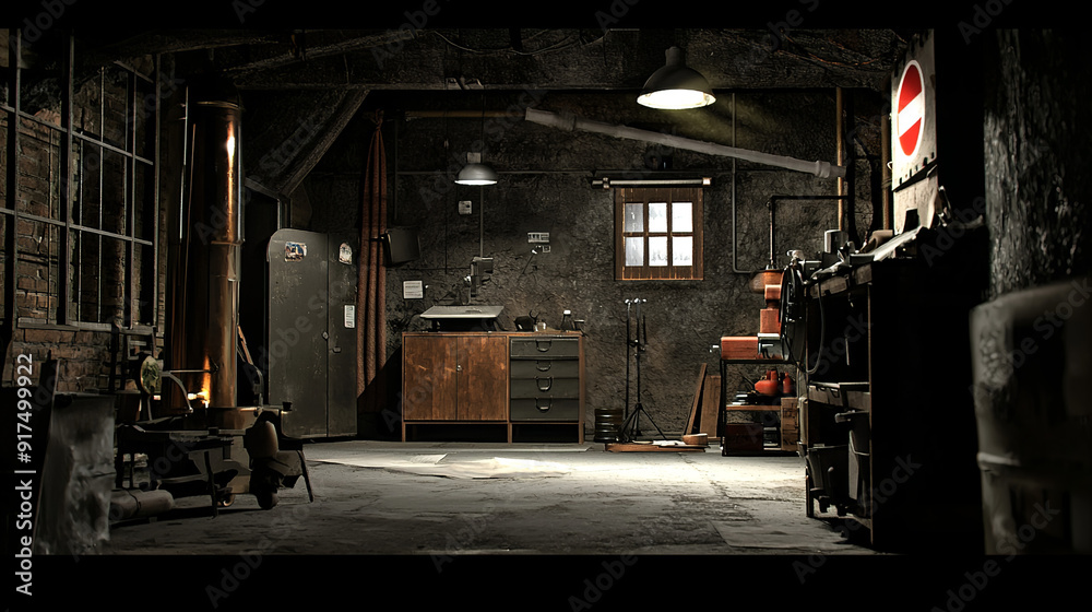 Fototapeta premium Abandoned Warehouse Interior with Dim Lighting