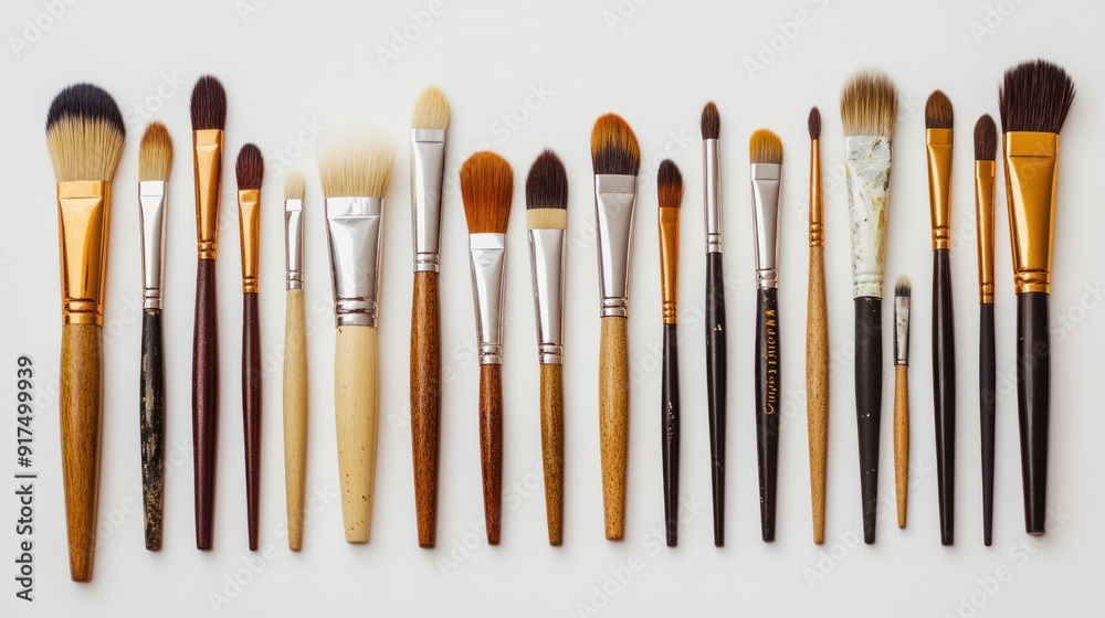A row of makeup brushes of various colors and sizes A row of makeup brushes of various colors and sizes