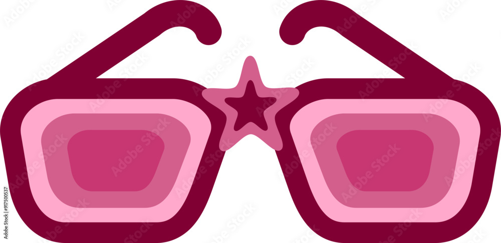 Flat retro 1960 pink sunglasses with star in the center. Fashion glasses icon cartoon style, editable EPS vector.