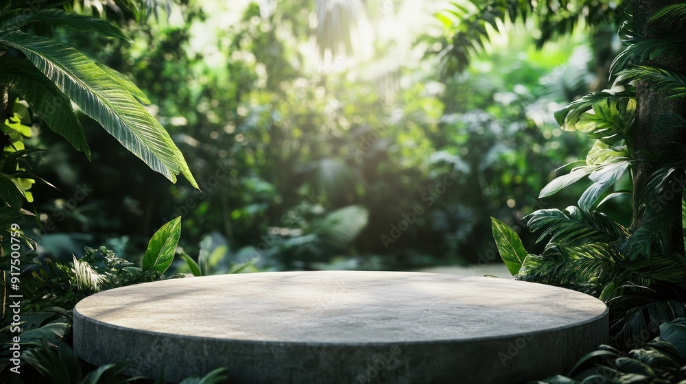 A large, round stone platform is surrounded by lush green foliage A large, round stone platform is surrounded by lush green foliage