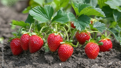 Ripe Strawberries on a Plant in the Garden