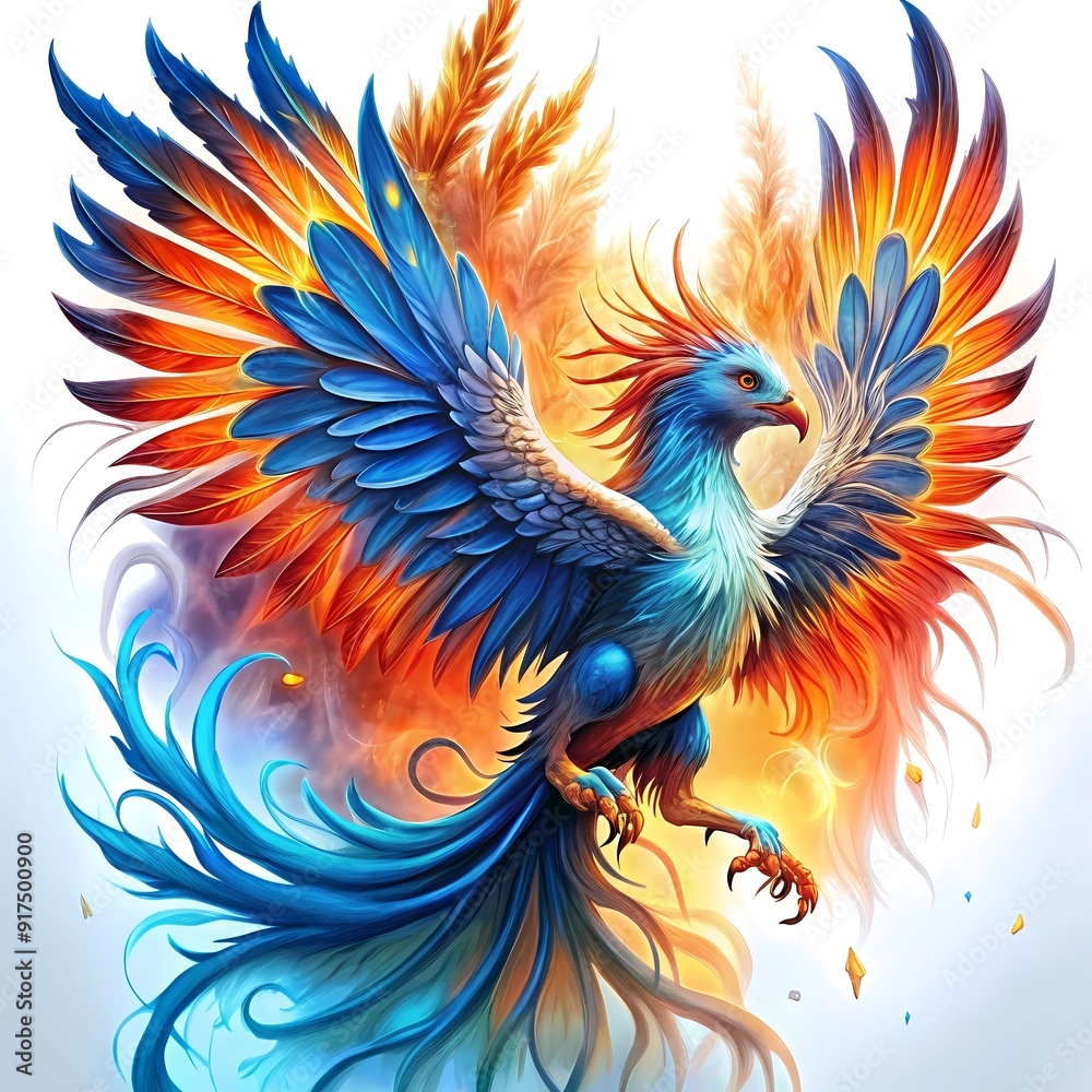 phoenix with blue wings emerging from fire , rebirth . Enlightenment and refreshment. Feeling of freedom. phoenix with blue wings emerging from fire , rebirth . Enlightenment and refreshment. Feeling of freedom.