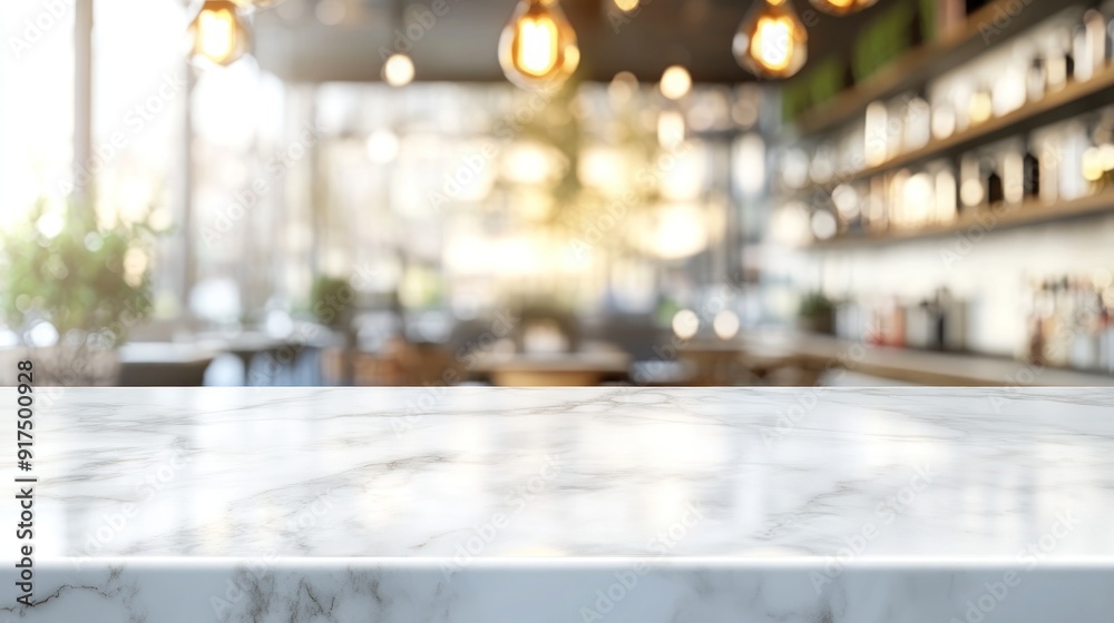 A white marble countertop with a view of a restaurant A white marble countertop with a view of a restaurant