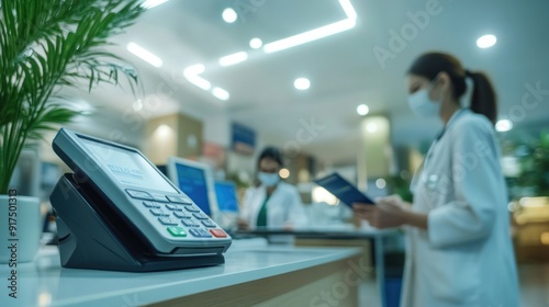 A woman wearing a white lab coat is standing in front of a cash register