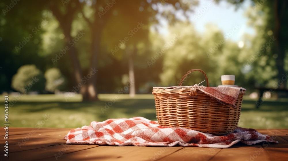 Obraz premium Picnic basket on wooden table with red checkered cloth and green blurred background.