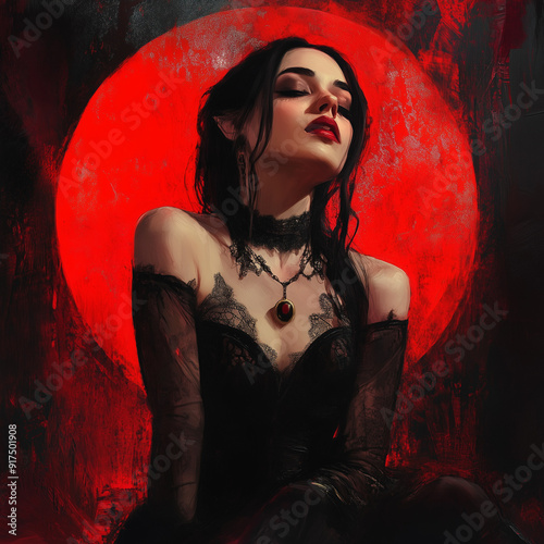 Fényképezés gothic woman in black lace against red background