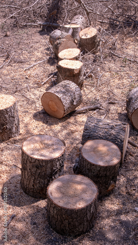 A chainsaw cutting through a thick tree trunk on the ground. The image captures the powerful action of a chainsaw as it slices through wood during a logging operation.