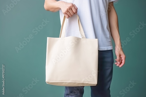 Man holding canvas tote bag