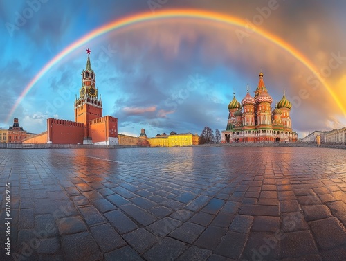 Moscow red square panorama  kremlin, st basil s cathedral, and rainbow scenery view photo