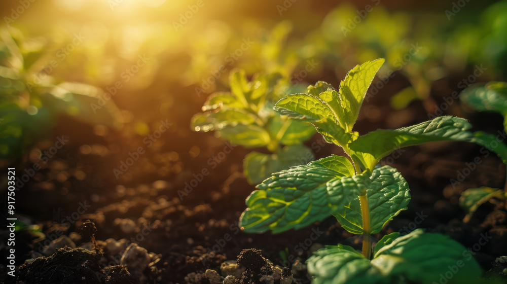 A vibrant image of mint leaves illuminated by golden hour sunlight, creating a warm glow and deep shadows A vibrant image of mint leaves illuminated by golden hour sunlight, creating a warm glow and deep shadows