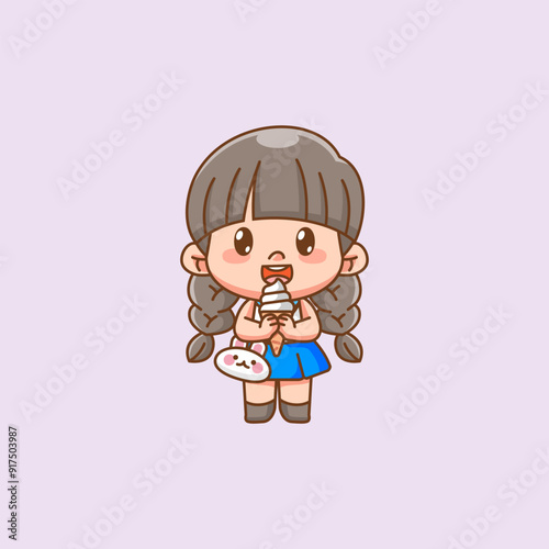 Cute happy little girl kawaii chibi eat ice cream character mascot illustration