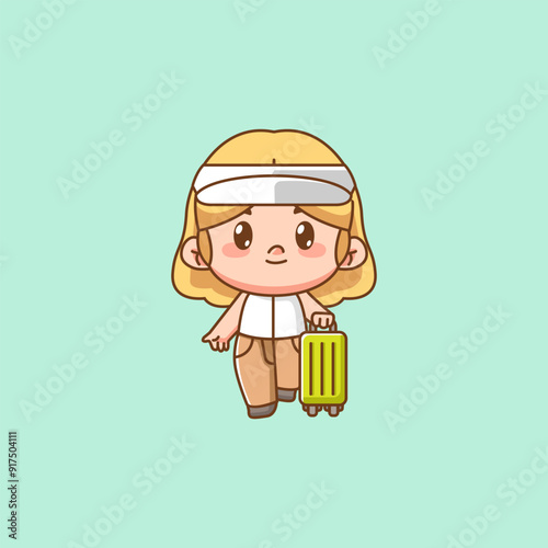 Cute happy little girl traveling kawaii chibi character mascot illustration outline style