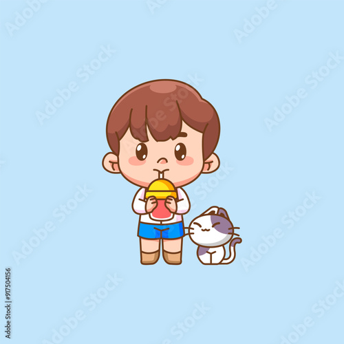 Cute happy little boy drink boba kawaii chibi character mascot illustration outline style
