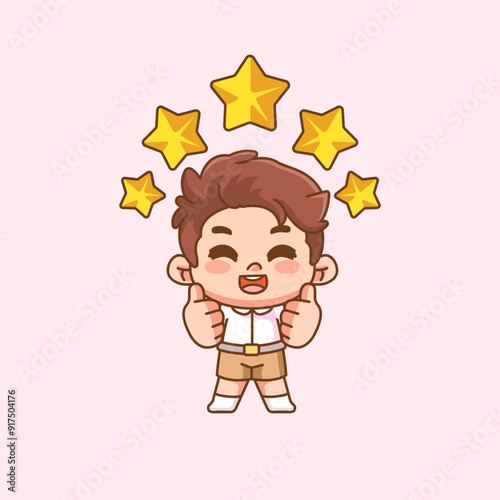 Cute happy little boy give thumbs up and five stars kawaii chibi character mascot