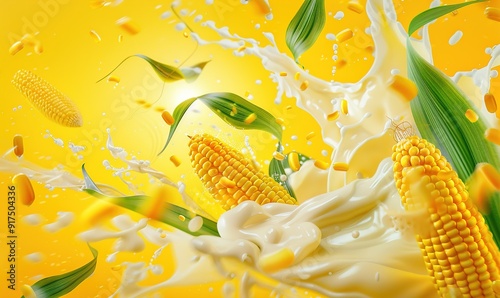Corn food wallpaper with splash of milk on plain color background of corn food plant Generate AI