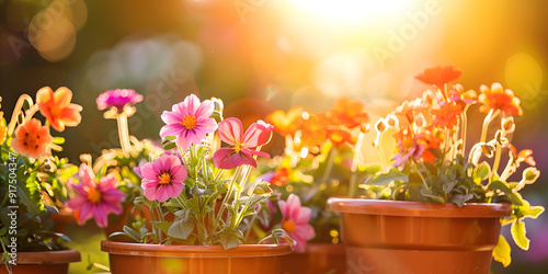 Spring Flowers in Pots with Gardening Tools

