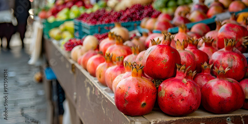 Fresh pomegranates displayed at outdoor market stall
