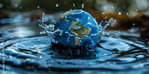 Earth Encased in Water with Drops for World Water Day
