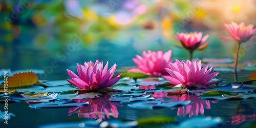 A pink flowers on lily pads
