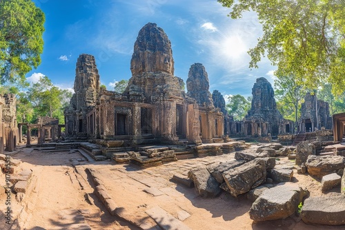 Ancient bayon temple panoramic view in angkor thom, cambodia with intricate architecture