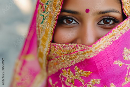 An Indian woman with a bright and cheerful expression, partially covering her face with a vibrant pink and gold traditional Indian dupatta (scarf), adorned with intricate embroidery photo