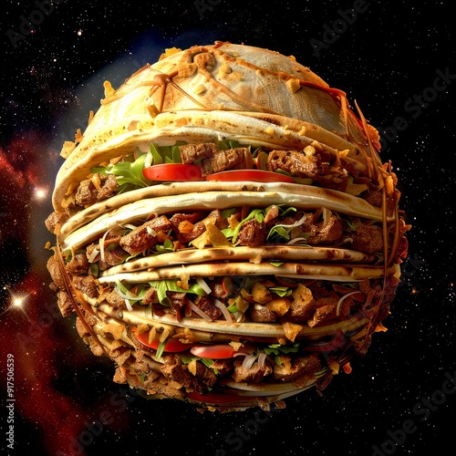 Futuristic food concept in space with layers of tacos forming a planetary sphere. This creative and surrealist image is perfect for marketing, food blogs, and sci-fi themes photo