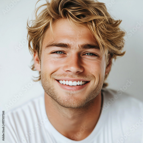 Portrait of a pretty smiling blond hair man model on white background